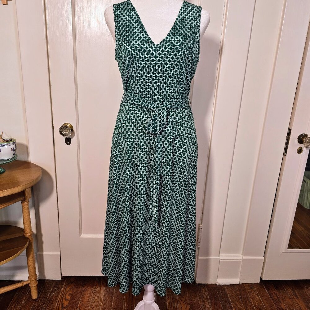H&M green and white geometric print midi dress size S